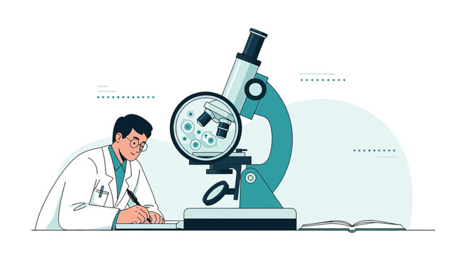 Scientist inspecting sample through microscope in laboratory vector illustration