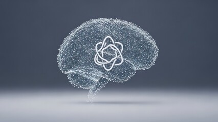 A stylized brain outline composed of points with a superimposed white symbol, on a gradient background