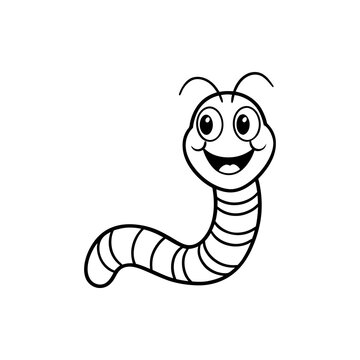 A cute cartoon caterpillar with a big smile and wide eyes, drawn in black and white.