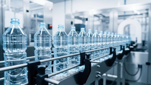 Automated bottling line with clear plastic water bottles moving along a conveyor