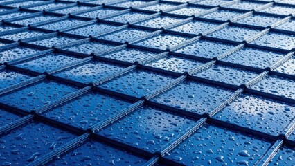 Close-up of a blue, tile-like roof glistening with raindrops, creating a reflective surface