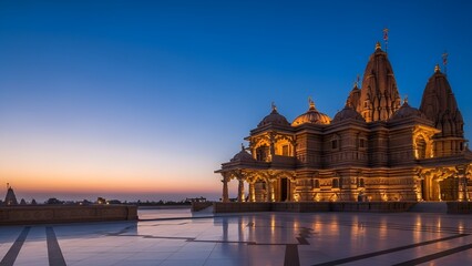 BAPS Shri Swaminarayan Mandir in Robbinsville, New Jersey at Sunset.