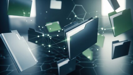 Floating folders with data connections. Networked digital information on abstract background