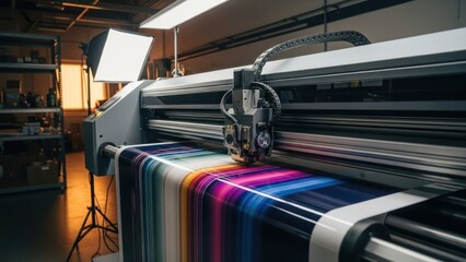 Industrial printer, printing a vibrant color test strip; workshop setting with lighting