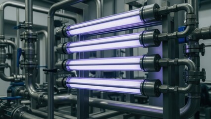 Industrial ultraviolet sterilizer system with glowing tubes and interconnected pipes