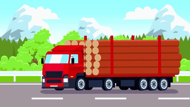Flat cartoon truck with long trailer transporting timber along alpine forest road, eco transport concept, mountain landscape, clean vector illustration, commercial animation style.