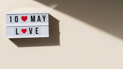 A lighted sign displays the date may tenth with heart symbols and love