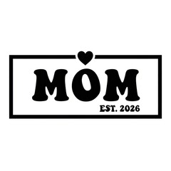 A simple black and white graphic design featuring the word mom and a heart