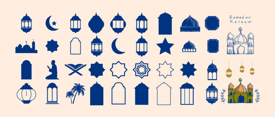 Set of Islamic icons sign symbol and element, lattern, shapes arch, moon, mosque vector illustration. Isolated on background.