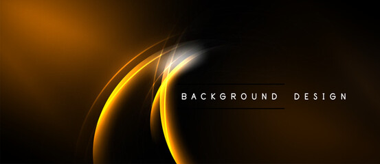 Dark backdrop features vibrant orange curves. Minimalist design includes text background design. Smooth gradients create dynamic visual effect.