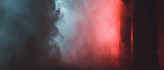 Fog smoke red light blue light dark background abstract night neon haze mist atmospheric moody dramatic glow illumination color contrast silhouette vertical mysterious fantasy surreal urban alley