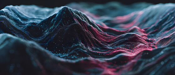 Abstract wave background panorama in dark neon landscape, digital terrain glow, futuristic particle surface, dynamic motion, modern energy mood