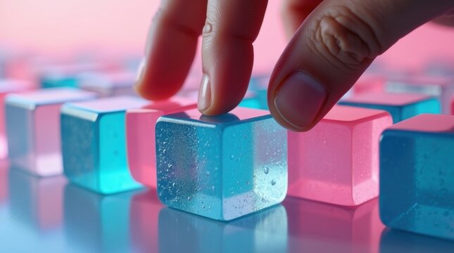 Dedos presionando sobre suaves cubos de gelatina con texturas exageradas