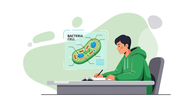 Student enthusiastically studying the structure of a bacterial cell in a classroom environment