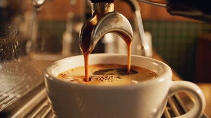 Close-up of fresh espresso being brewed in a white cup at a coffee shop or cafe