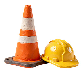 Safety cone and helmet 3D illustration, isolated on transparent background, png
