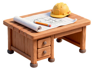 Engineer desk with blueprints 3D illustration, isolated on transparent background, png