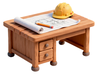 Engineer desk with blueprints 3D illustration, isolated on transparent background, png