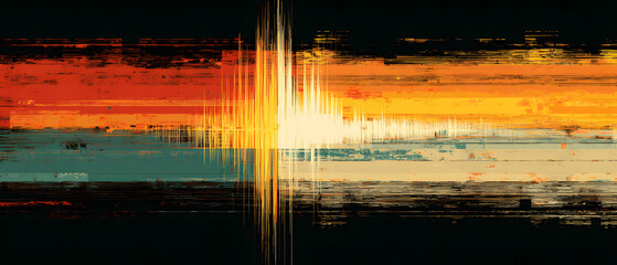 Abstract soundwave background panorama vibrant orange yellow teal streak texture, digital art energy motion concept minimalist modern painting