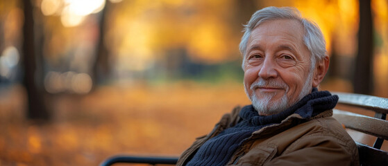 The portrait of a smiling elderly man on an autumn walk conveys the warmth and wisdom of age, creating a cosy backdrop for content about family, health and active lifestyles.