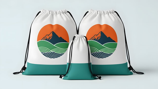 Three Drawstring Bags Featuring Mountain and Sunset Graphic Design