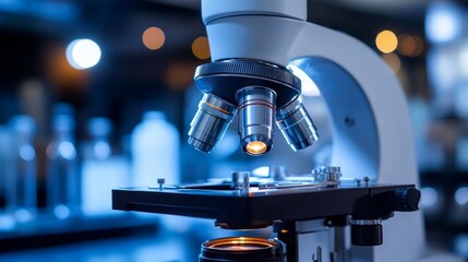 A microscope with lighting in a laboratory, symbolising scientific discoveries, will be an accurate atmospheric backdrop for materials on medical and biological research.