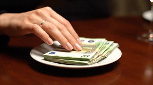 Hand with ring touches stack of euro bills on white plate