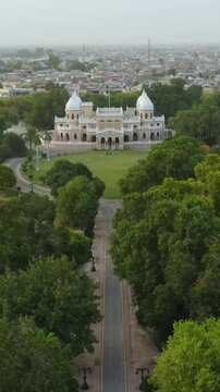 Front facade of a Historical landmark, seen from an aerial perspective, Gulzaar Mahal, located in Bahawalpur city. 
