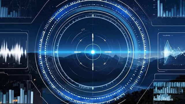 Futuristic interface over a mountain landscape with data graphs and targeting sight.