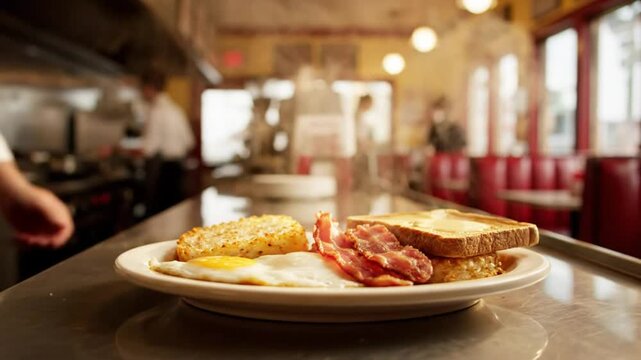 Chef delivering a hot breakfast plate with sunny-side-up egg, bacon, hash brown, and toast in a diner.
