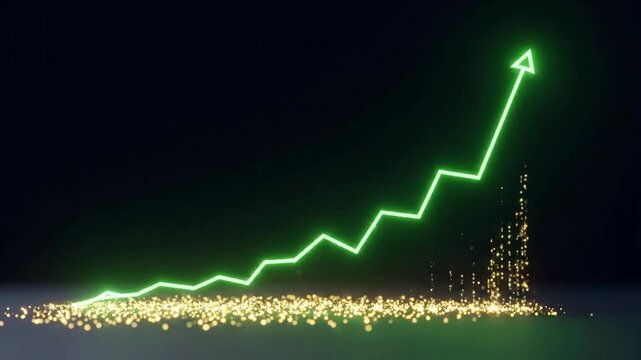 Green arrow shows upward trend with gold particle base on dark surface.