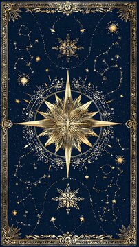 Vintage Celestial Map with Gold Compass Star, and Constellations on Navy Blue Background. Mystical Astrology. New Year card alchemist aesthetic. a navy background and gold.