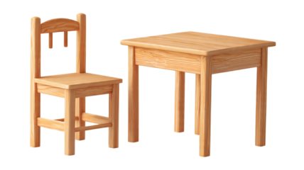 Simple and sturdy wooden table and chair set crafted from light-colored natural pine wood isolated on transparent background