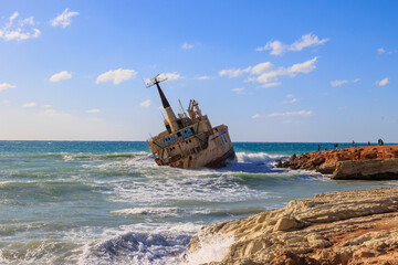 Shipwreck near rocky coast with waves, Greece, Cyprus, Paphos, 24.11.2025