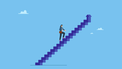Confidence businesswoman take small step walking up staircase with arrow pointing up. Career success for woman or female leadership, goal achievement and business challenge or gender equality. © Saklarboy