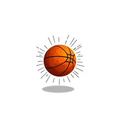 Abstract geometric patterns radiate from a stylized vector basketball mid-air against a stark white background, hinting at trajectory and force,  basketball,  vector
