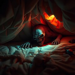 A creature lurks beneath the sleeping space, a nighttime fright,  scary,  illustration