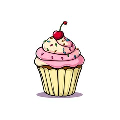 A delightful doodle of a cupcake with frosting and sprinkles, conveying sweetness and celebration,  party food,  frosting