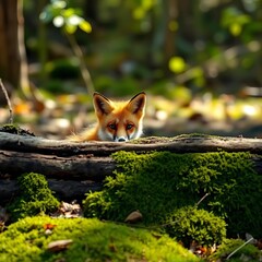 A curious fox peeks from behind a mossy log in a sun-dappled clearing,  peeking,  hidden