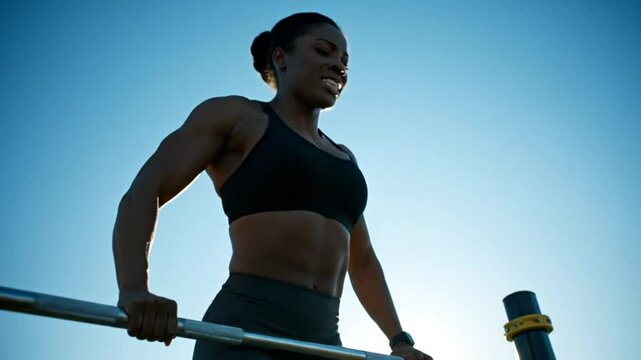 Muscular female athlete performing a dip exercise on outdoor fitness equipment against a clear blue sky