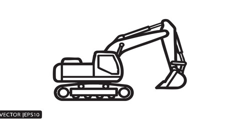 Crawler excavator with bucket line icon, heavy transport concept. Vector graphics. Excavator machine sign on white background, outline style icon for mobile or web design.