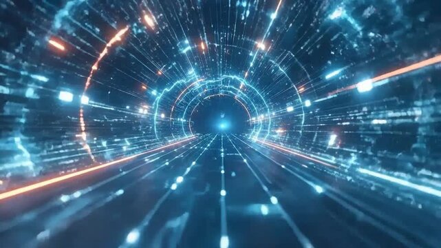 Abstract technological tunnel with glowing lines and electric discharges, creating a sense of speed.