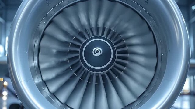 Close-up of a powerful jet engine showcasing its intricate turbine blades and sturdy, silver casing.