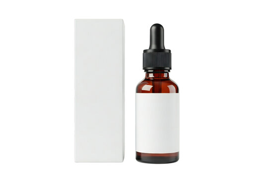 Brown glass dropper bottle with white label isolated on transparent background