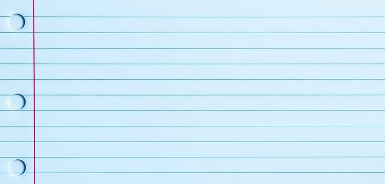 Close up of blue ruled notebook paper with a red vertical margin line and three binder holes, creating a clean background texture,  notes,  minimal