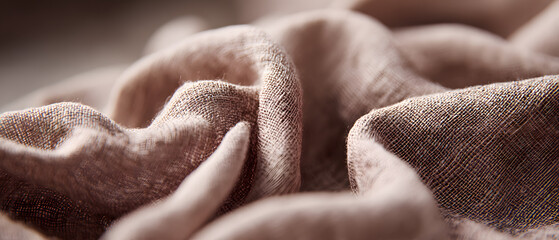 Fabric texture linen cloth beige textile soft folds closeup detail abstract background gentle light fabric wave smooth surface cozy feel fabric texture background panorama with soft beige linen