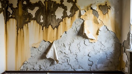 Interior wall with severe water damage peeling paint cracks mold stains and dampness showing neglect decay and need for renovation repair or restoration background