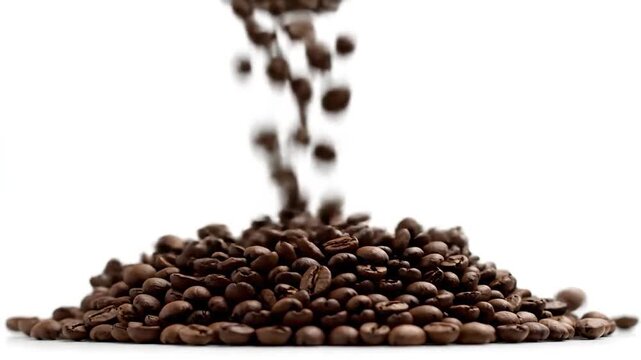 Coffee beans cascade down onto a pile on a white background