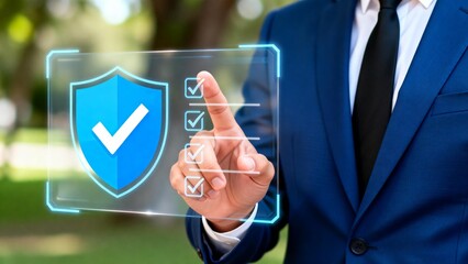 Businessman interacting with digital security interface