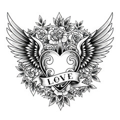 Fototapeta premium Intricate heart with wings and flowers isolated on transparent background